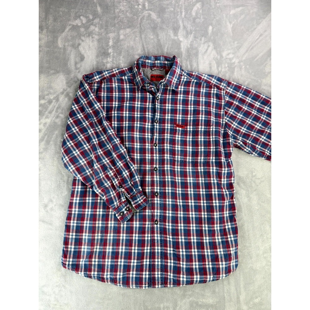 Wolverine Boots And Gear Flannel Work Shirt Mens Large Blue Red Plaid Button Up